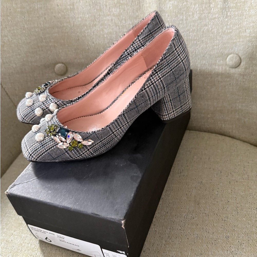 J. Crew Plaid Heels with Pearl and Jewel Accents - Picture 3 of 6
